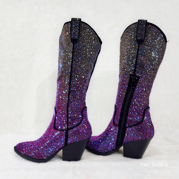 Yours Forever Shoes - Western Glow Multi Purple Ombre Rhinestone Disco Cowgirl Knee Boots